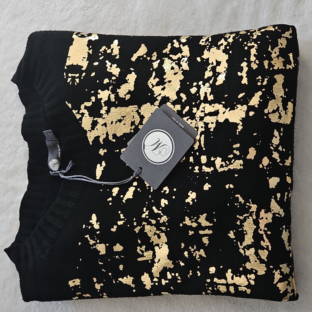 M Made In Italy Gold Foil Print Long Sleeve Crewneck Sweater: Black/Gold:Size- L